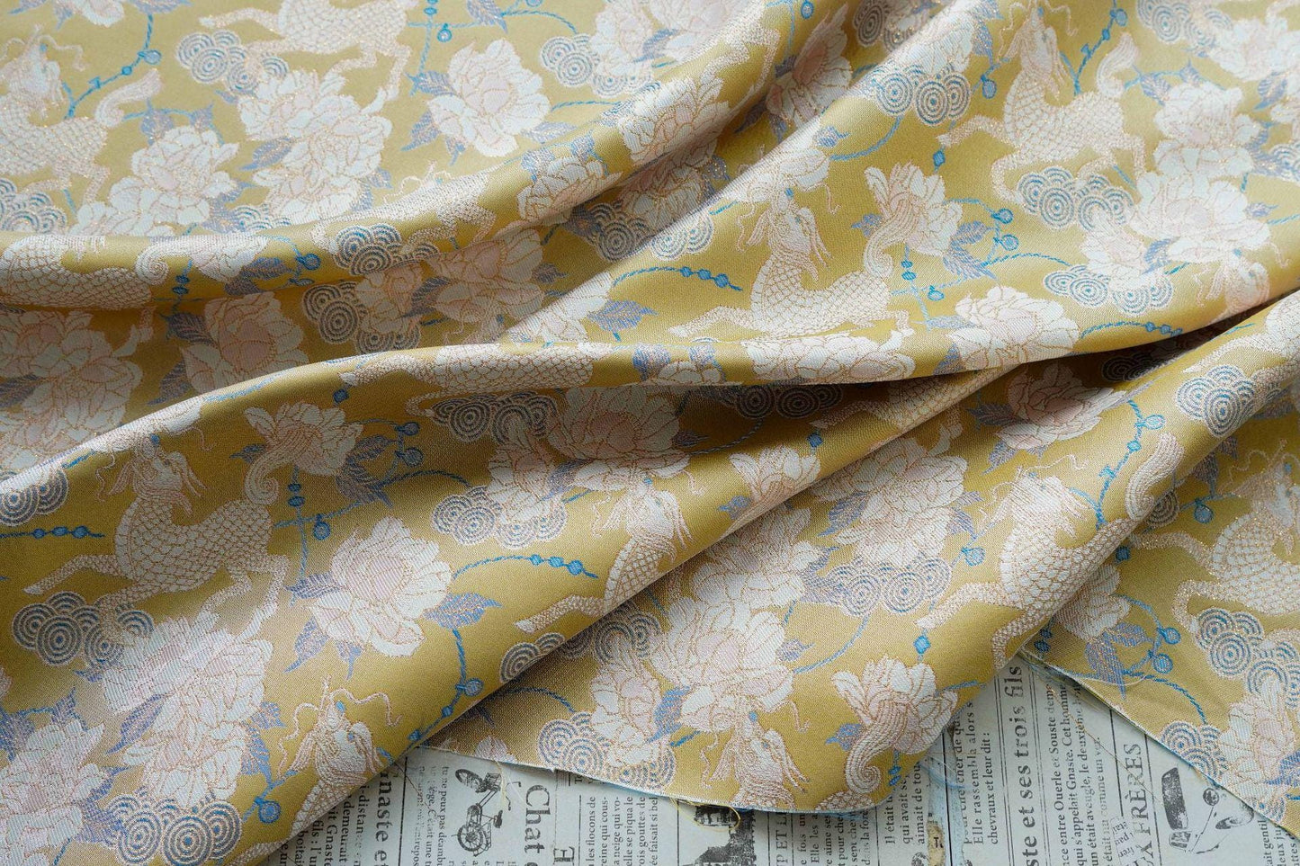 Luxury Song Brocade Jacquard Fabric with Kirin and Peony Gold Pattern, 58" Wide