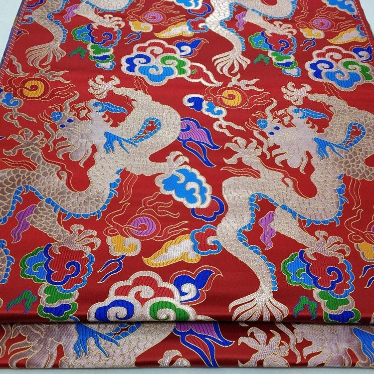 Red Dragon Brocade Fabric: Chinese Wedding Cheongsam Tapestry (27.5"W)