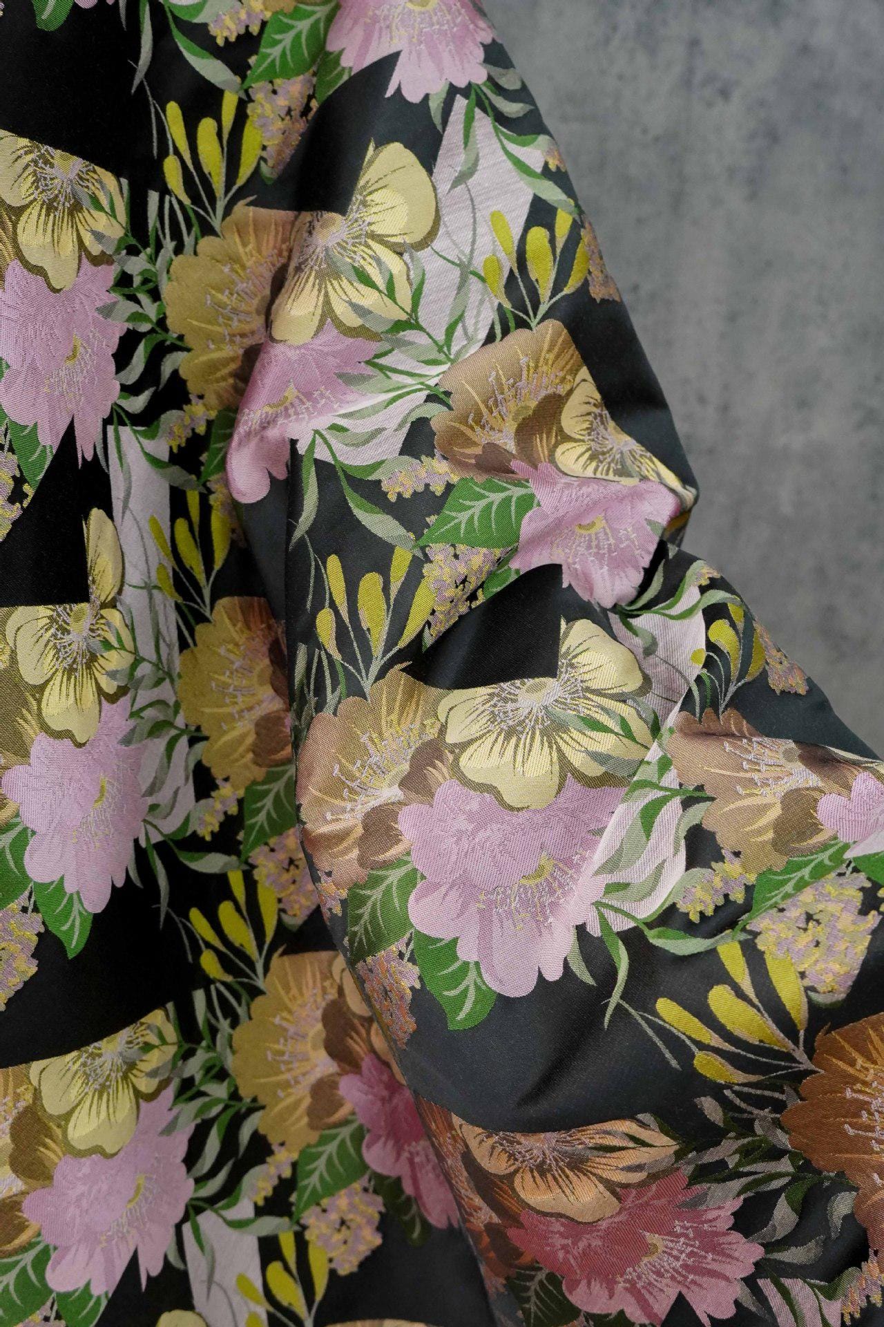 Black Floral Jacquard Brocade Fabric: Romantic Yarn-Dyed Sewing Material, 55"W