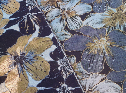 Gold Thread Jacquard Fabric: Blue Floral 3D Texture, 63" Wide