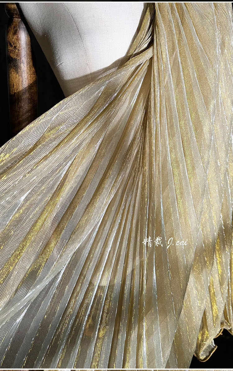 Tissu en maille plissée transparente à paillettes, 150 cm de large, fil doré et argenté