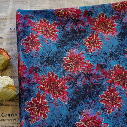 Gold Thread Floral Jacquard Fabric: Blue & Red Costume Dress Material