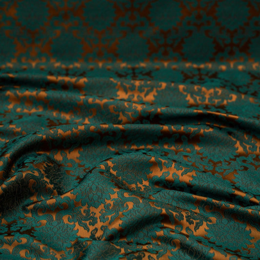 Japanese Kinran Brocade Fabric: Teal & Gold Floral, 29.5"W, By The Meter