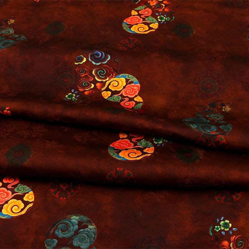 Brown Silk Fabric: Gourd Xiangyun Print, Cheongsam Dressmaking, 59" Wide