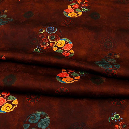 Brown Silk Fabric: Gourd Xiangyun Print, Cheongsam Dressmaking, 59" Wide
