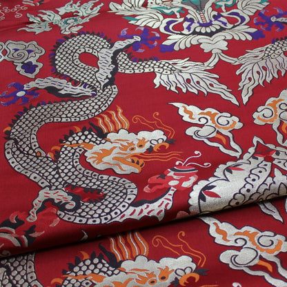Red Chinese Dragon Brocade Fabric: Silk Rayon Blend, 29"W