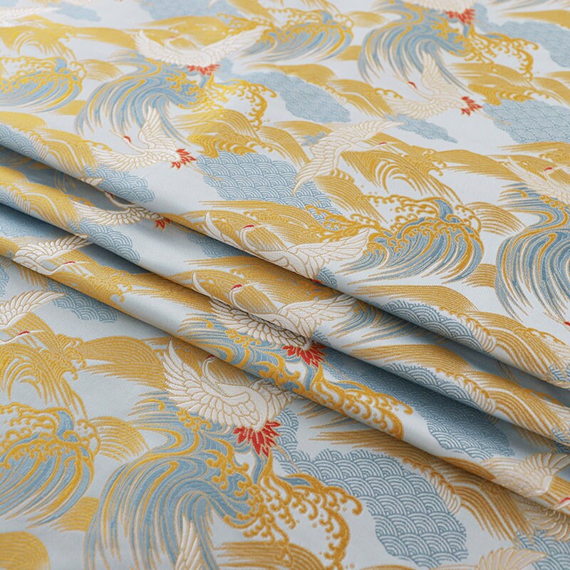 Tissu satin jacquard Crane : 150 cm de large, brocart rétro, couture et ameublement