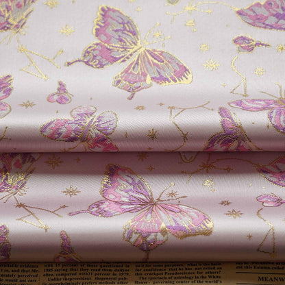 Tissu brocart de soie rose : Jacquard à motifs floraux papillons, 150 cm de large