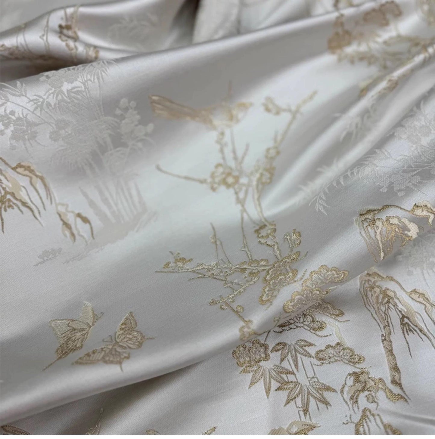 Silk Brocade Fabric: 59"W Magpie Bamboo Print