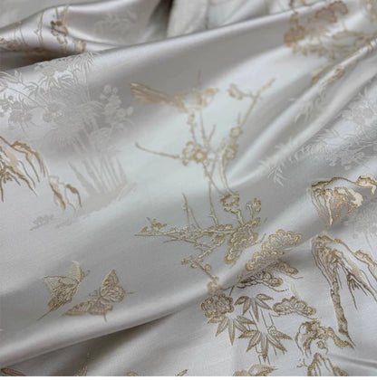 Silk Brocade Fabric: 59"W Magpie Bamboo Print
