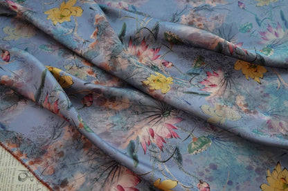 Lotus Flower Tea Silk Satin Fabric: Digital Print, 55" Wide
