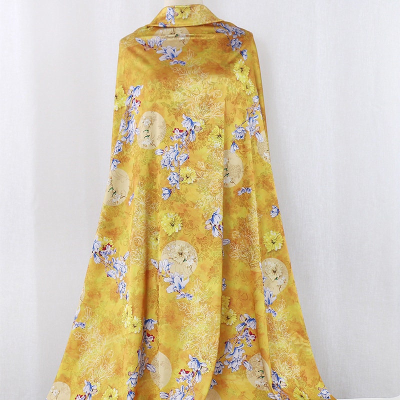 Teal Floral Tea Silk Satin Fabric: Digital Print, 59" Wide