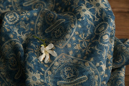 Blue Dunhuang Buddha Flower Ramie Fabric: 57"W Upholstery & Sewing