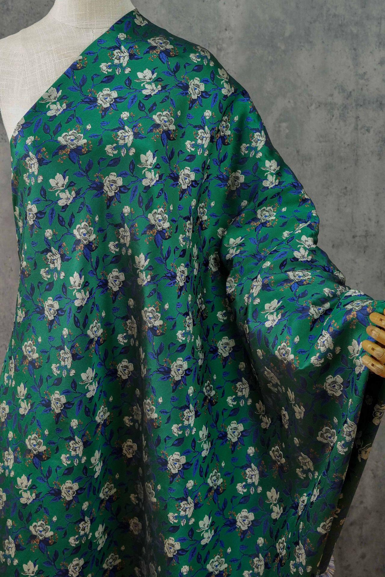Green Camellia Jacquard Brocade Satin Fabric ��� Floral Textile for Dresses, Costumes & Home Dec"Wide