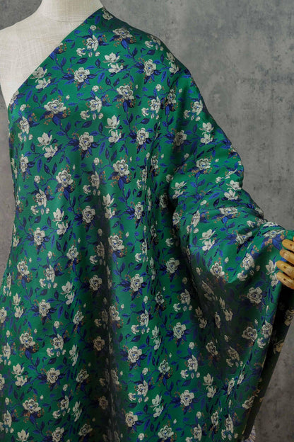 Green Camellia Jacquard Brocade Satin Fabric ��� Floral Textile for Dresses, Costumes & Home Dec"Wide