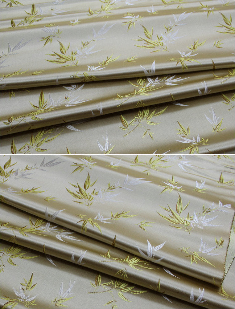 Light Gold Silk Brocade Fabric: Bamboo Leaves & Flowers