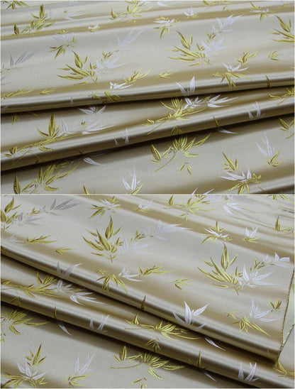 Light Gold Silk Brocade Fabric: Bamboo Leaves & Flowers