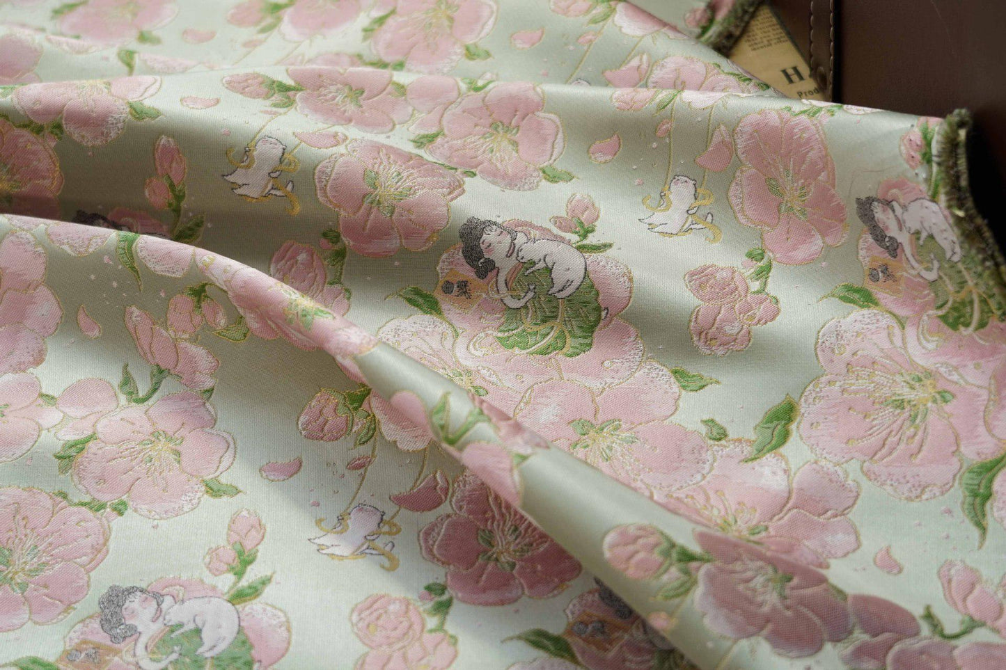 Peach Blossom Brocade Fabric: Floral Jacquard, 58"W Chinese Wedding Material
