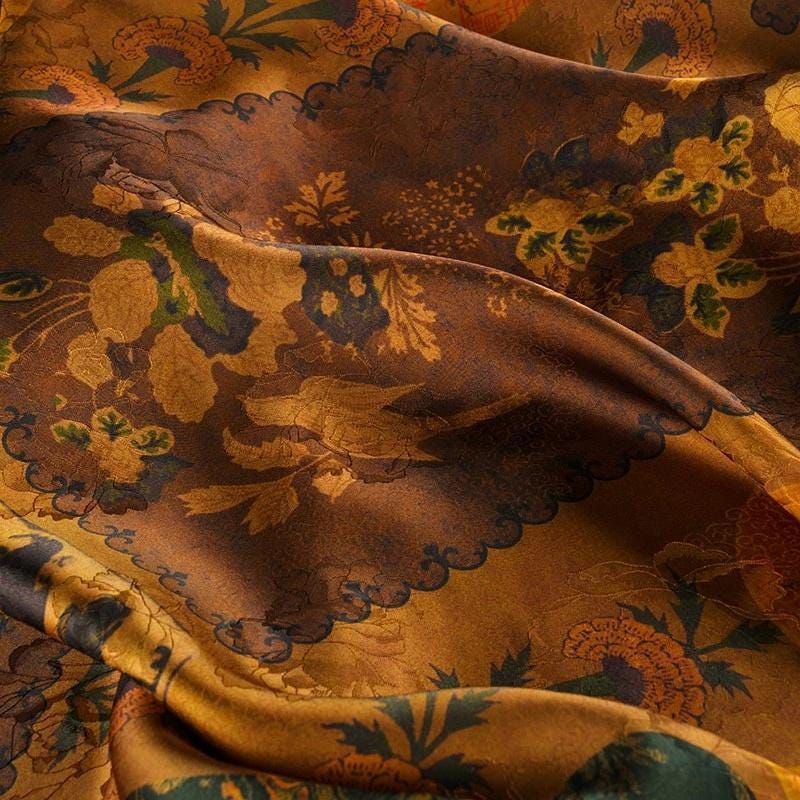 Ancient Dunhuang Tea Silk Satin Fabric: Digital Print, 59"W