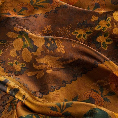 Ancient Dunhuang Tea Silk Satin Fabric: Digital Print, 59"W