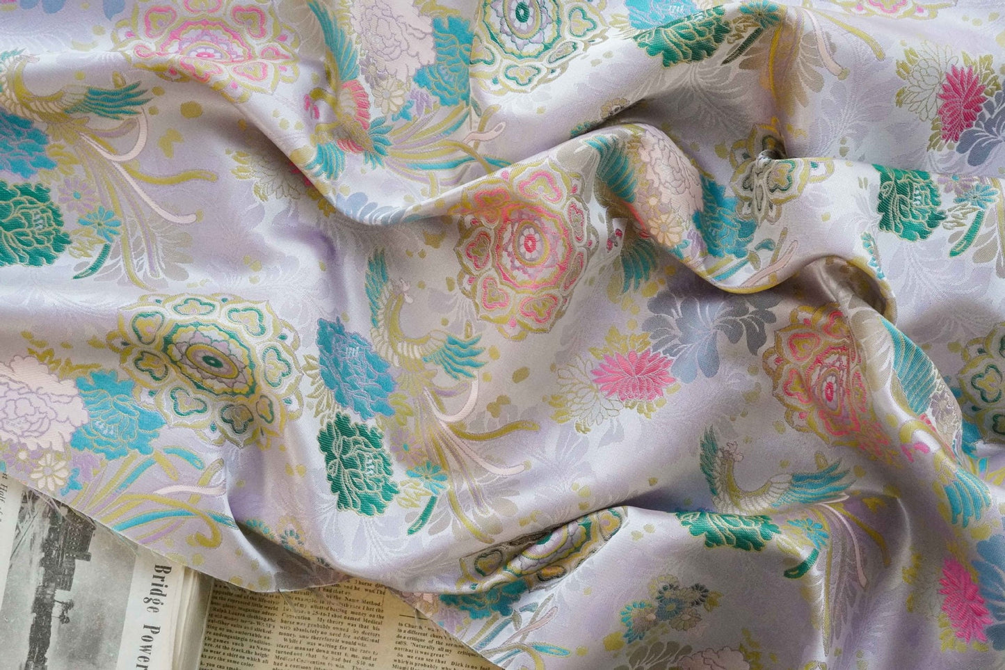 Beige Phoenix Song Brocade Fabric: 67"W Silk Rayon Blend