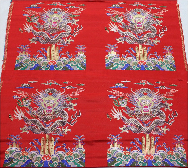 Gold Flying Dragon Fabric: Red & Gold Brocade Silk Rayon Blend (29"W)