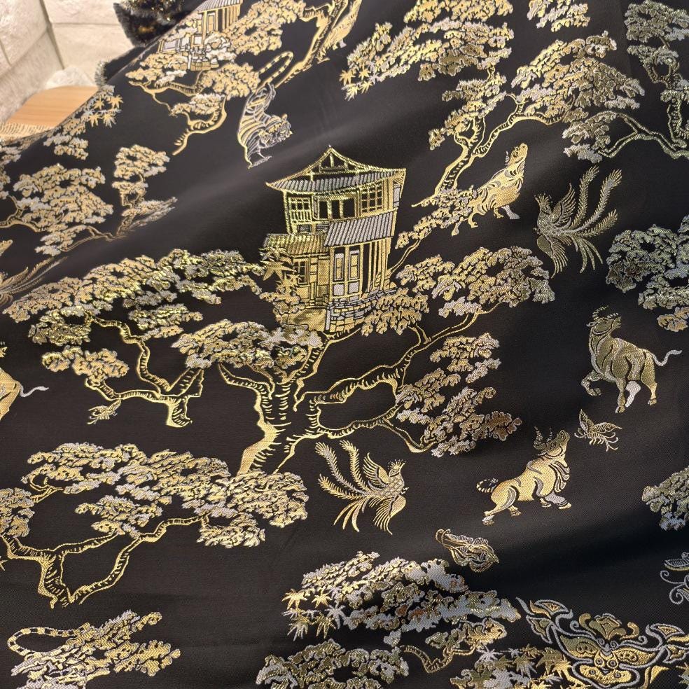 Gold Woven Tiger Jacquard Fabric with Dragon Ox Elements ��� Fashion & Decor Texti"Wide