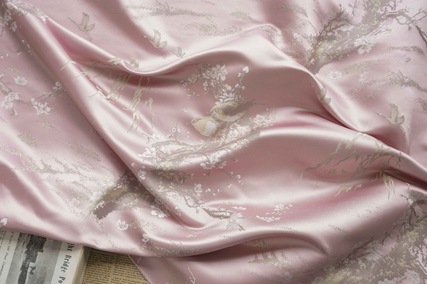 Mountain Flowers Birds Brocade Fabric: 58"W Rayon Sewing Material