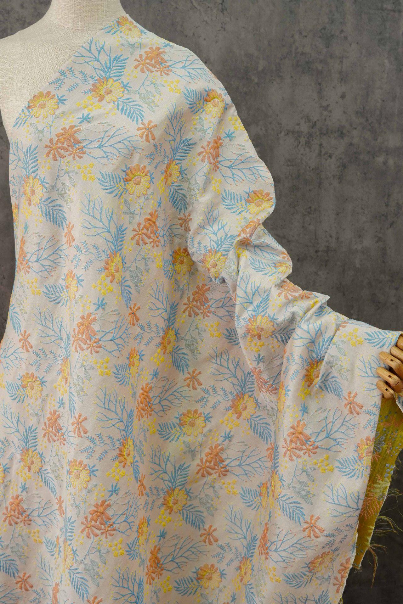 Reversible Jacquard Woven Fabric: Blue & Yellow Floral Upholstery, Costume, Decor - 64"W