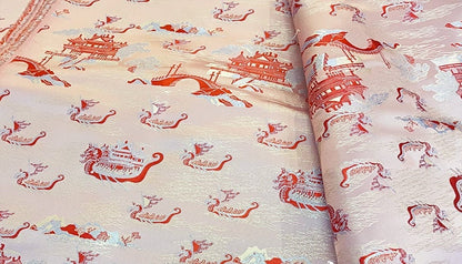 Dragon Boat Brocade Fabric: Champagne & Pink Silk Rayon Blend