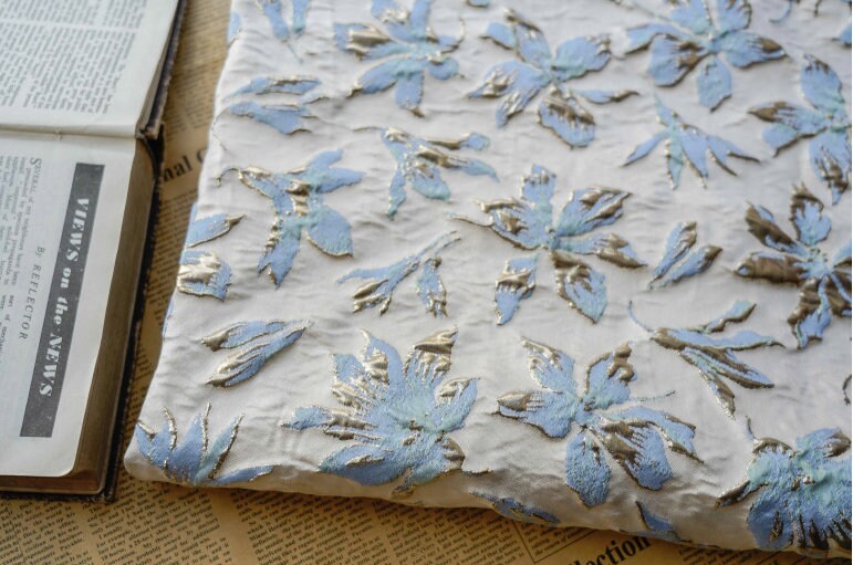 Light Blue & Gold Floral Jacquard Fabric: 3D Texture, 56" Wide