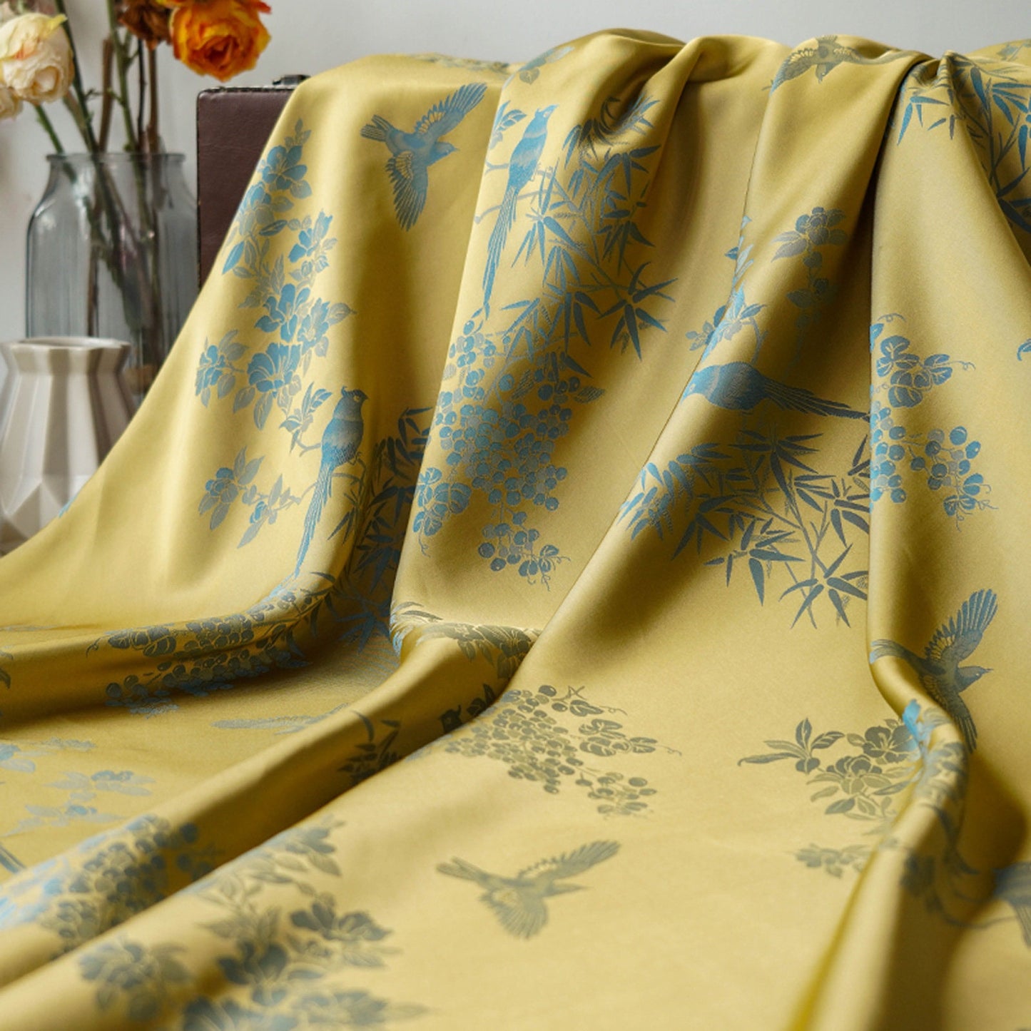 Jacquard Rayon Fabric: Bird & Floral Print, 59" Wide - By The Meter