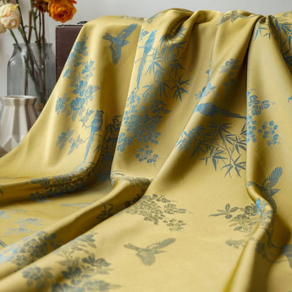 Jacquard Rayon Fabric: Bird & Floral Print, 59" Wide - By The Meter