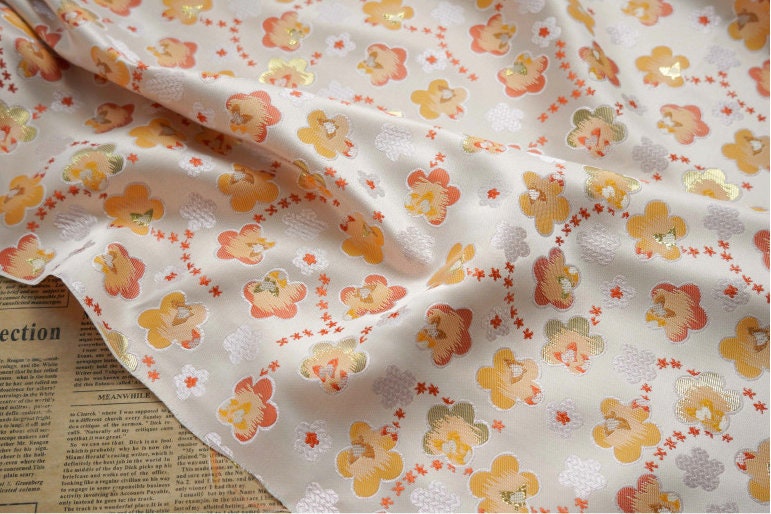 Gold Thread Floral Jacquard Fabric: 3D Flower Upholstery, 59" Wide