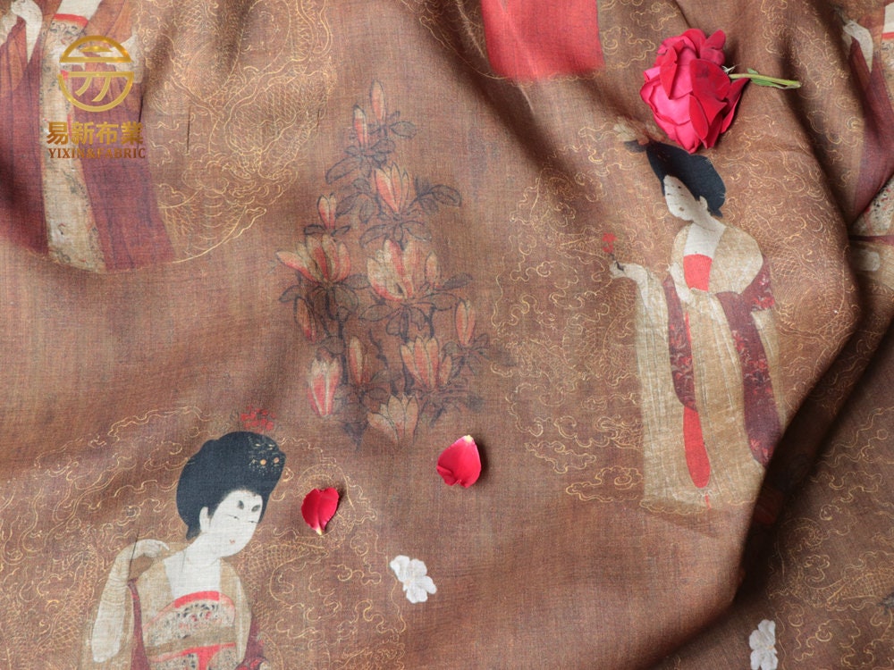 Linen Fabric: Tang Dynasty Ladies with Hairpins, Antique Style (55"W)