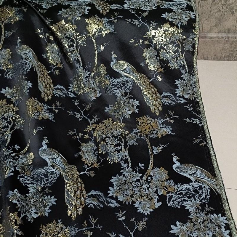 Peacock Embroidery Jacquard Fabric: Gold Thread Designer Fabric (57"W)