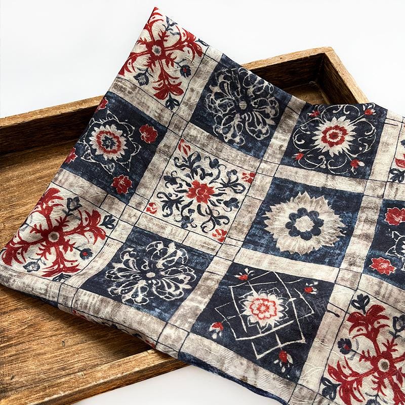 Dunhuang Indigo-Red Tencel Jacquard Brocade Fabric: Asian Chinese Style Tencel (59"W)
