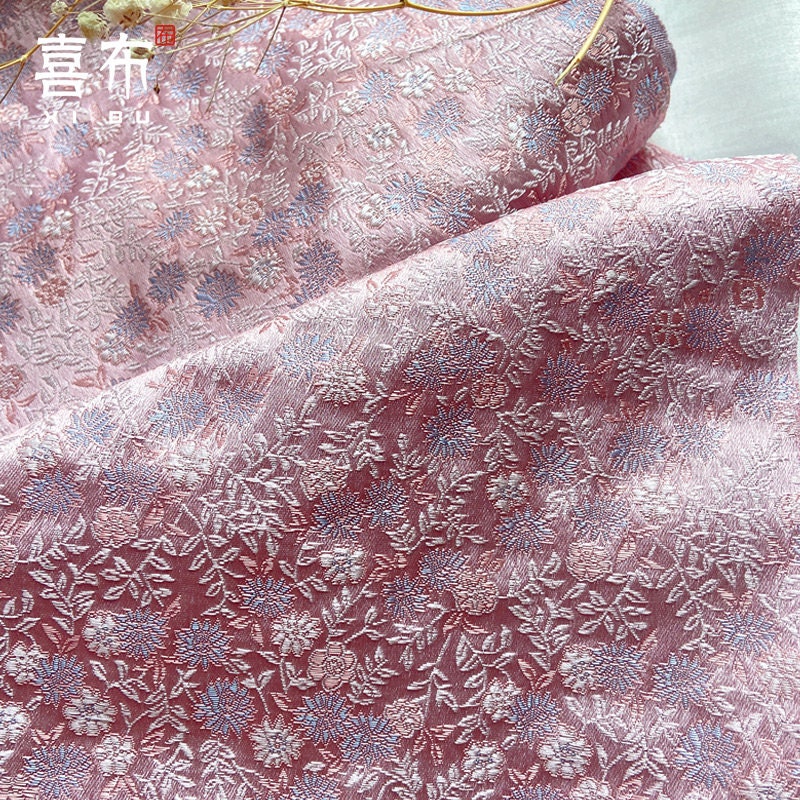 Pink Japanese Kinran Fabric: Silk Brocade Flower Blossom, Kimono Fabric
