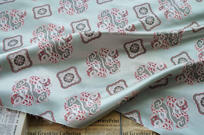 Aqua Blue Silk Brocade Fabric: Chinese Fu Lion Design, 66"W