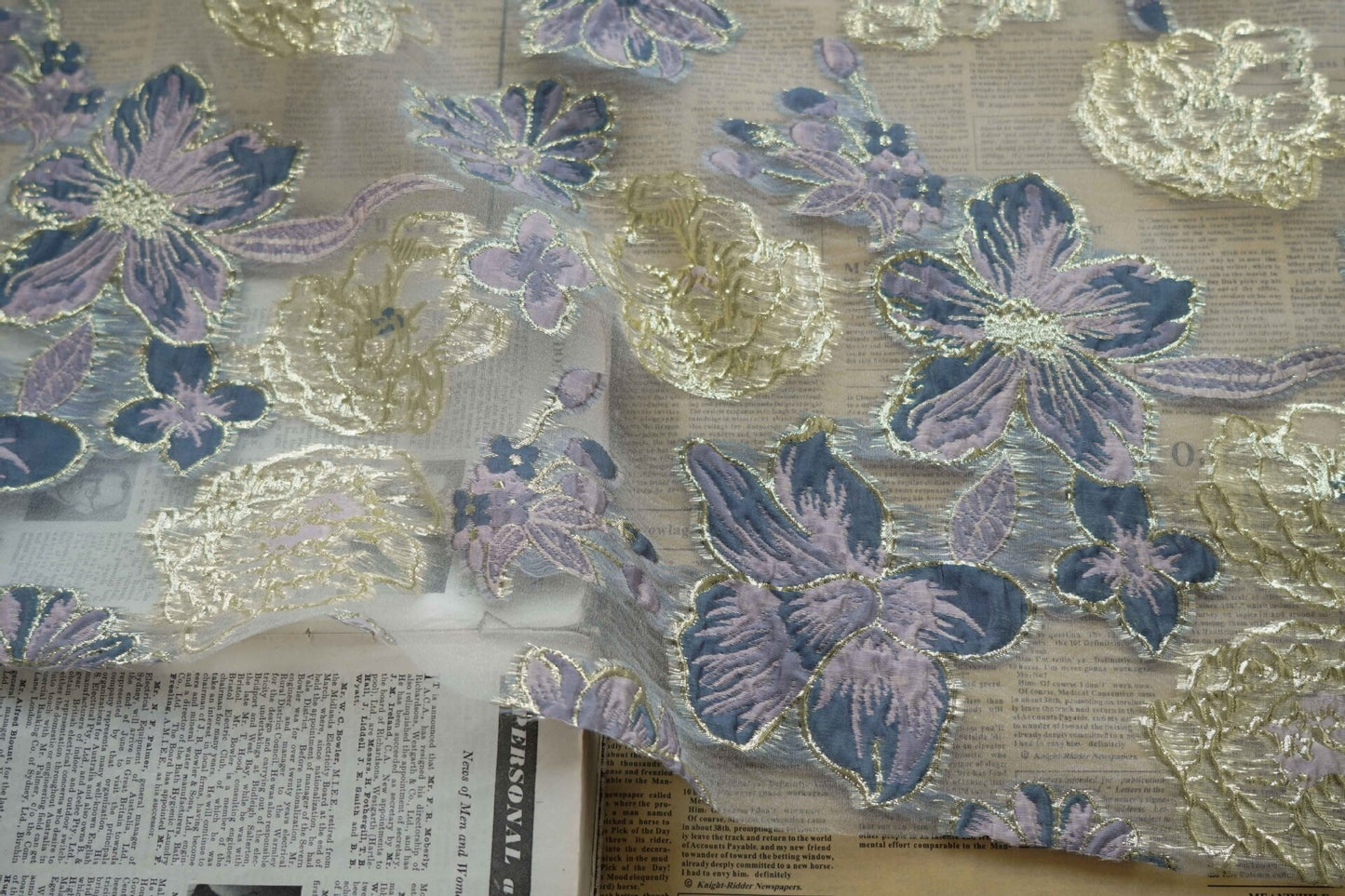 Blue & Gold Floral Organza Jacquard Fabric - 56" Wide