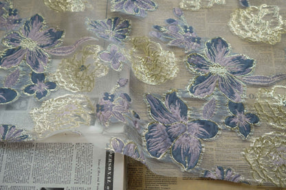 Blue & Gold Floral Organza Jacquard Fabric - 56" Wide