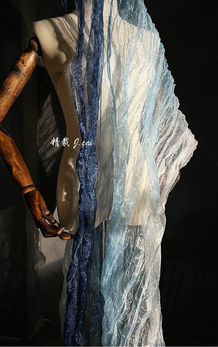 Blue Gradient Organza Fabric: Irregular Pleats, 55" Wide