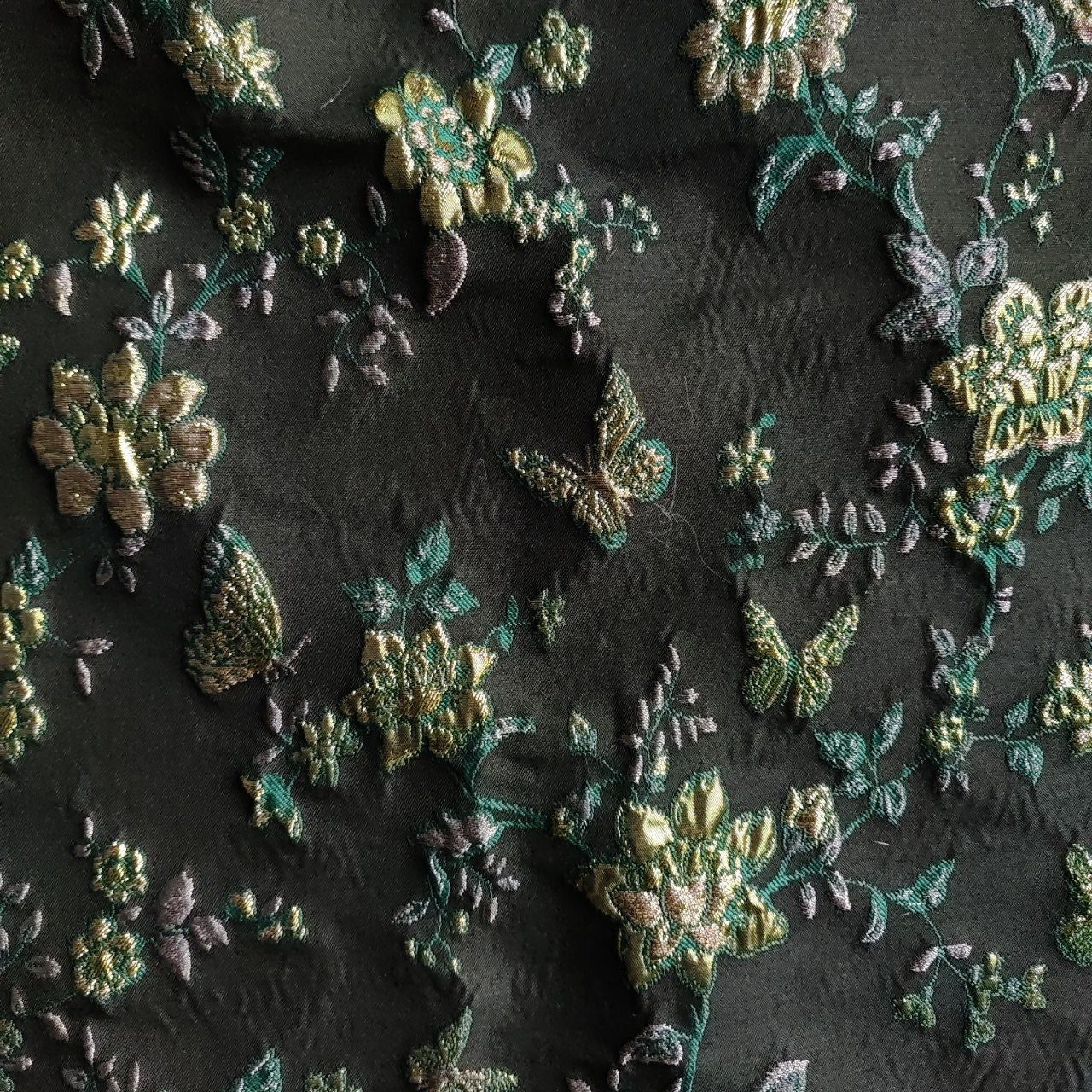Gold Thread Jacquard Fabric: 3D Floral Butterfly Upholstery, 55"W