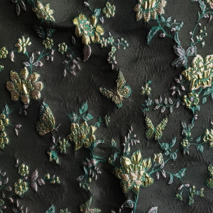 Gold Thread Jacquard Fabric: 3D Floral Butterfly Upholstery, 55"W