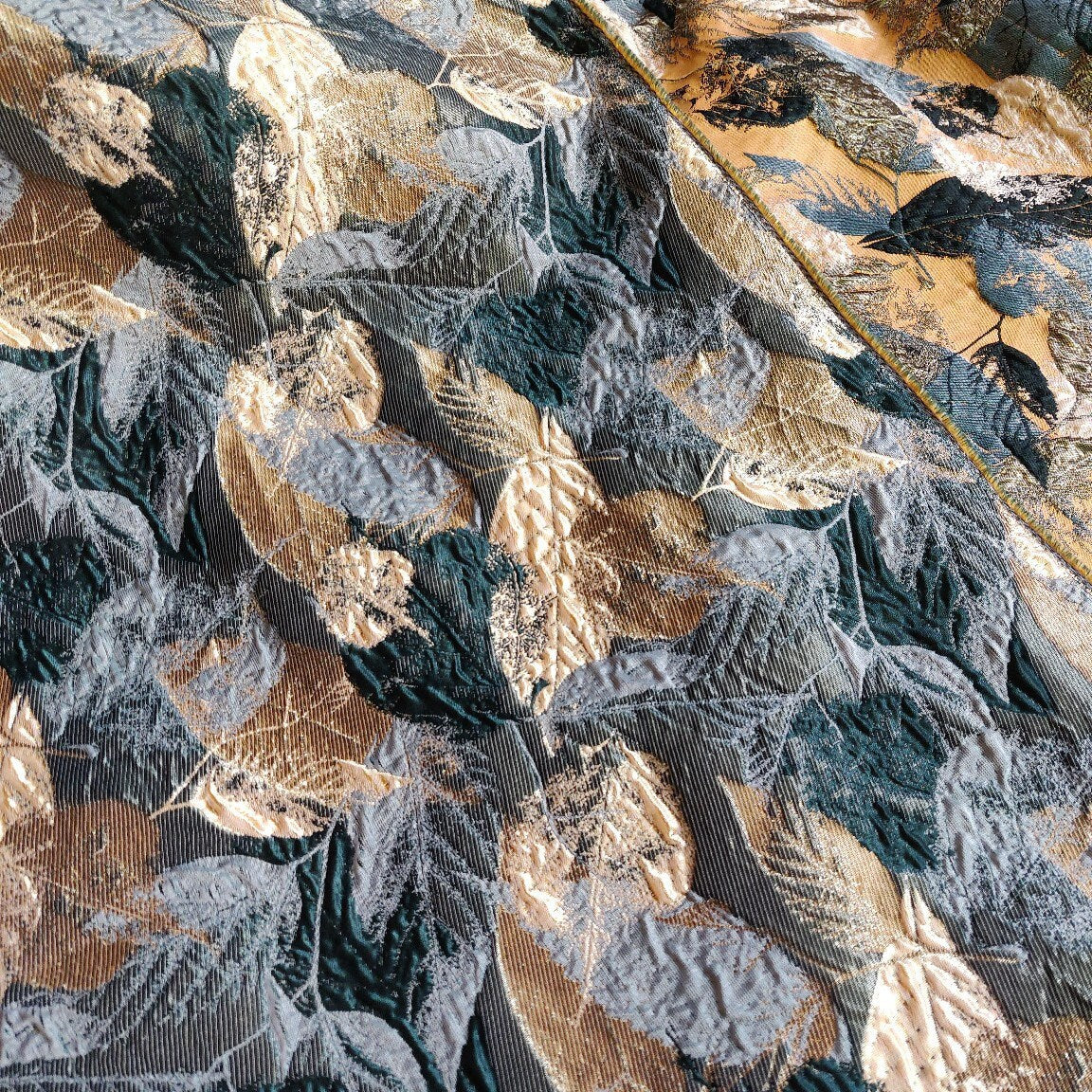 Gold Thread Jacquard Fabric: 3D Embossed Leaves, 59" Wide