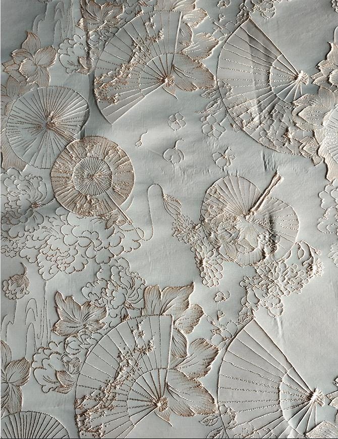 Tissu jacquard gaufré à motif éventail de lotus avec fil doré, 147 cm de large