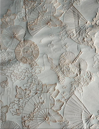 Tissu jacquard gaufré à motif éventail de lotus avec fil doré, 147 cm de large