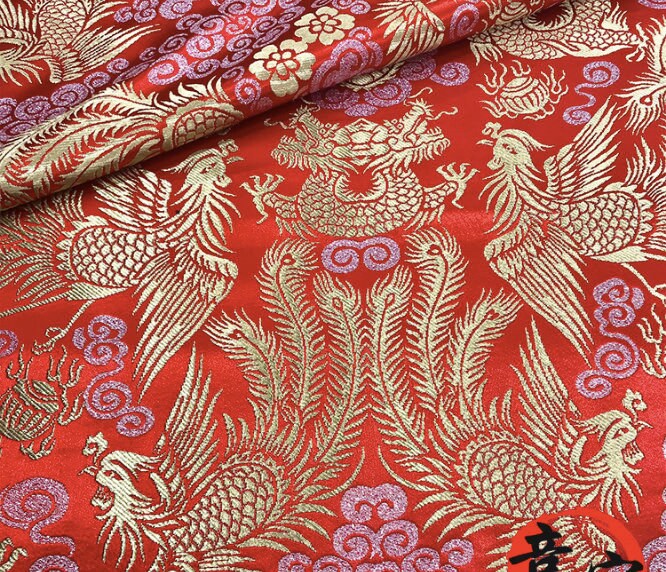Gold Dragon & Phoenix Brocade Fabric: Traditional Chinese Wedding Robe Material