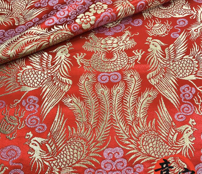 Gold Dragon & Phoenix Brocade Fabric: Traditional Chinese Wedding Robe Material