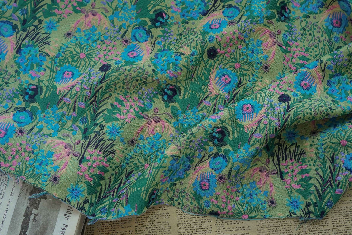 Floral Jacquard Woven Fabric: Reversible 3D Green Flower Pattern, 54"W